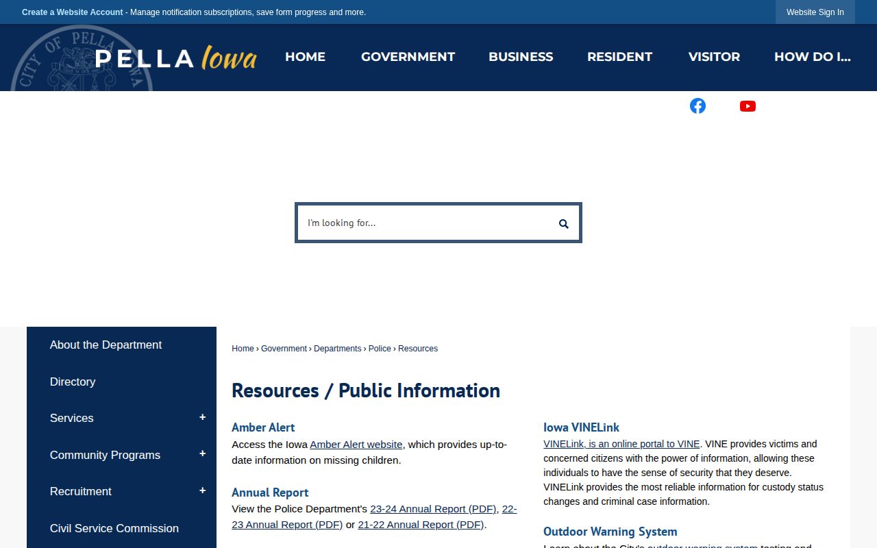Pella Police Resources page with public portal and weekly report links