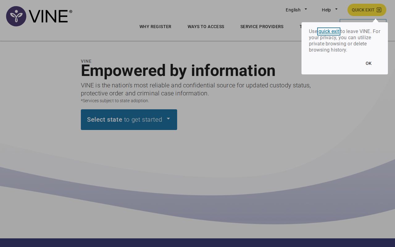 VINELink custody-alert registration interface