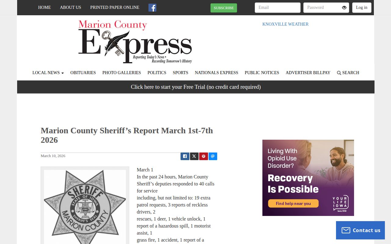 Marion County Express weekly Sheriff's Report page