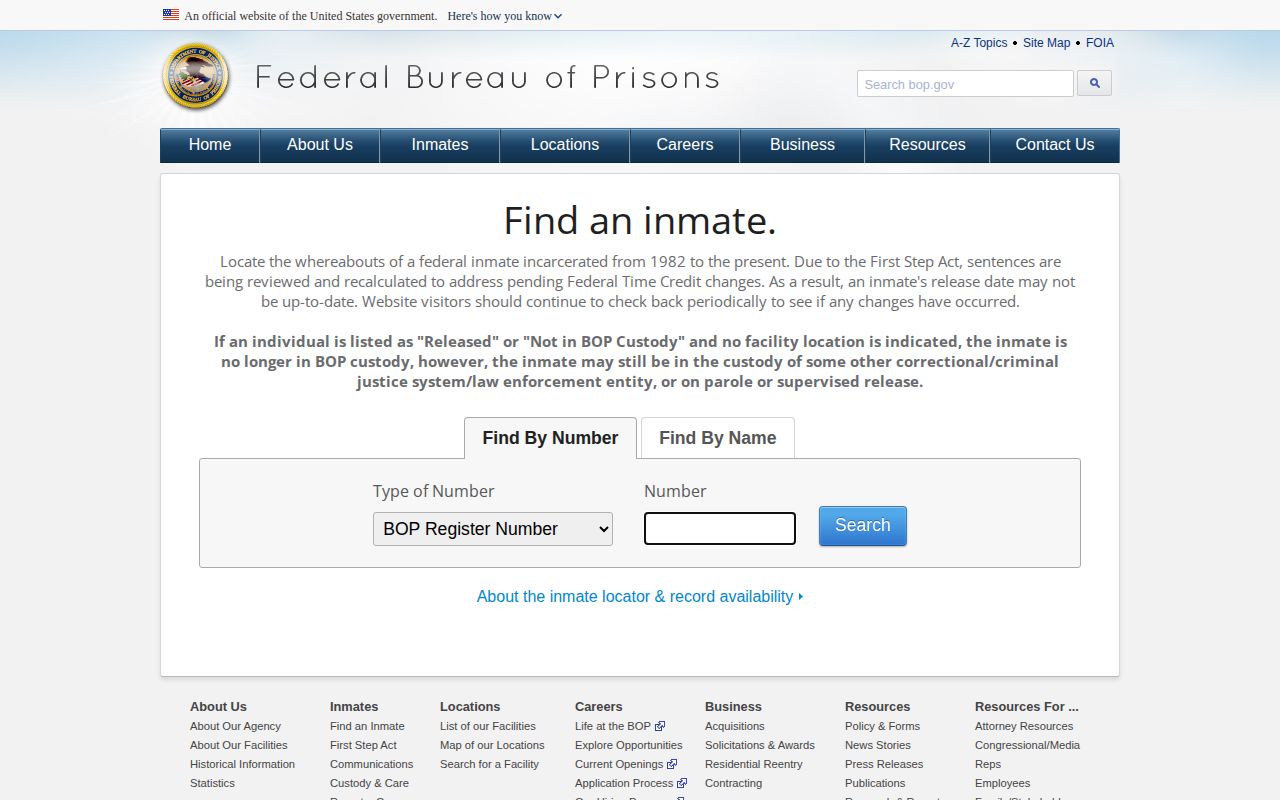 Federal Bureau of Prisons inmate locator search screen
