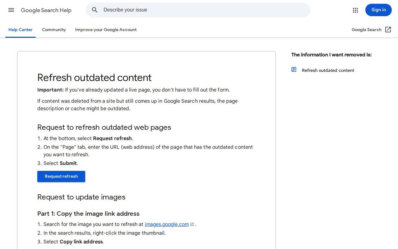 Google Refresh Outdated Content help page